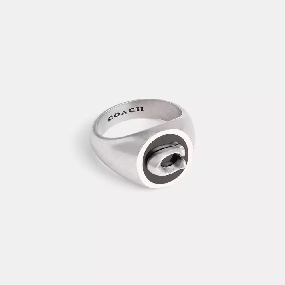 Coach mens Sterling Silver Signature C Signet Ring - New, Light Scuffs Size 9
